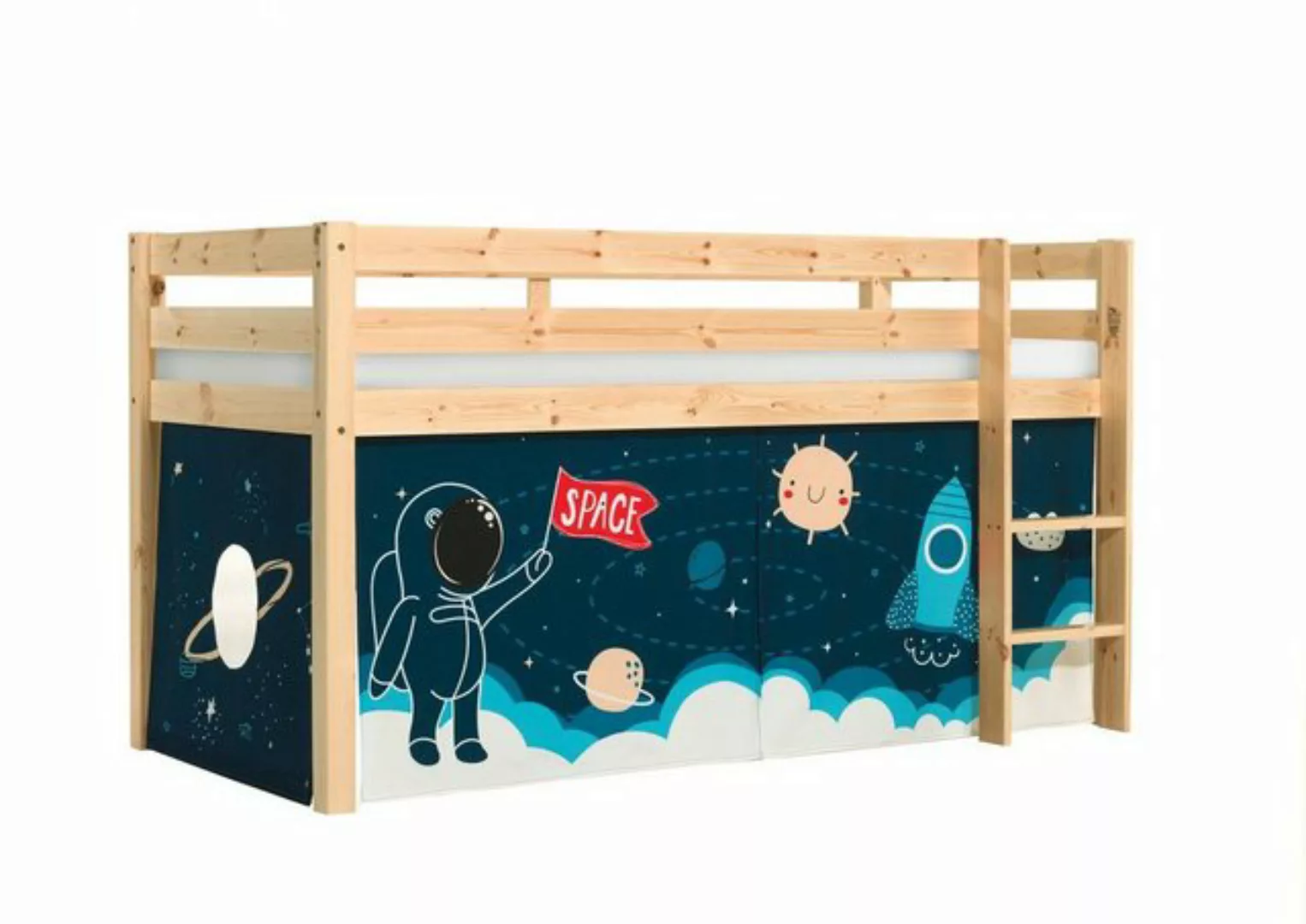 Natur24 Kinderbett Halbhohes Bett Pino mit Textilset Rakete Kiefer Natur la günstig online kaufen