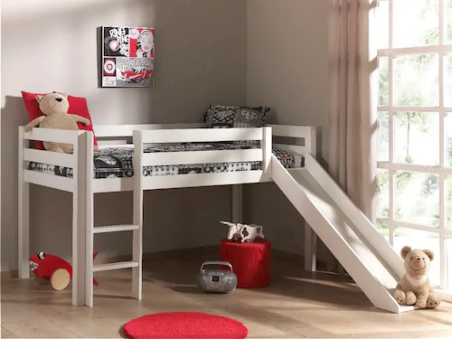 Hochbett Kinderzimmer PINOO-12 mit Leiter und Rutsche in Kiefer massiv lack günstig online kaufen
