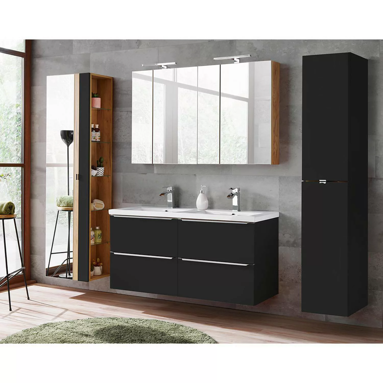 Badezimmermöbel Set mit 120cm Doppel-Keramik-Waschtisch TOSKANA-BLACK-56 se günstig online kaufen