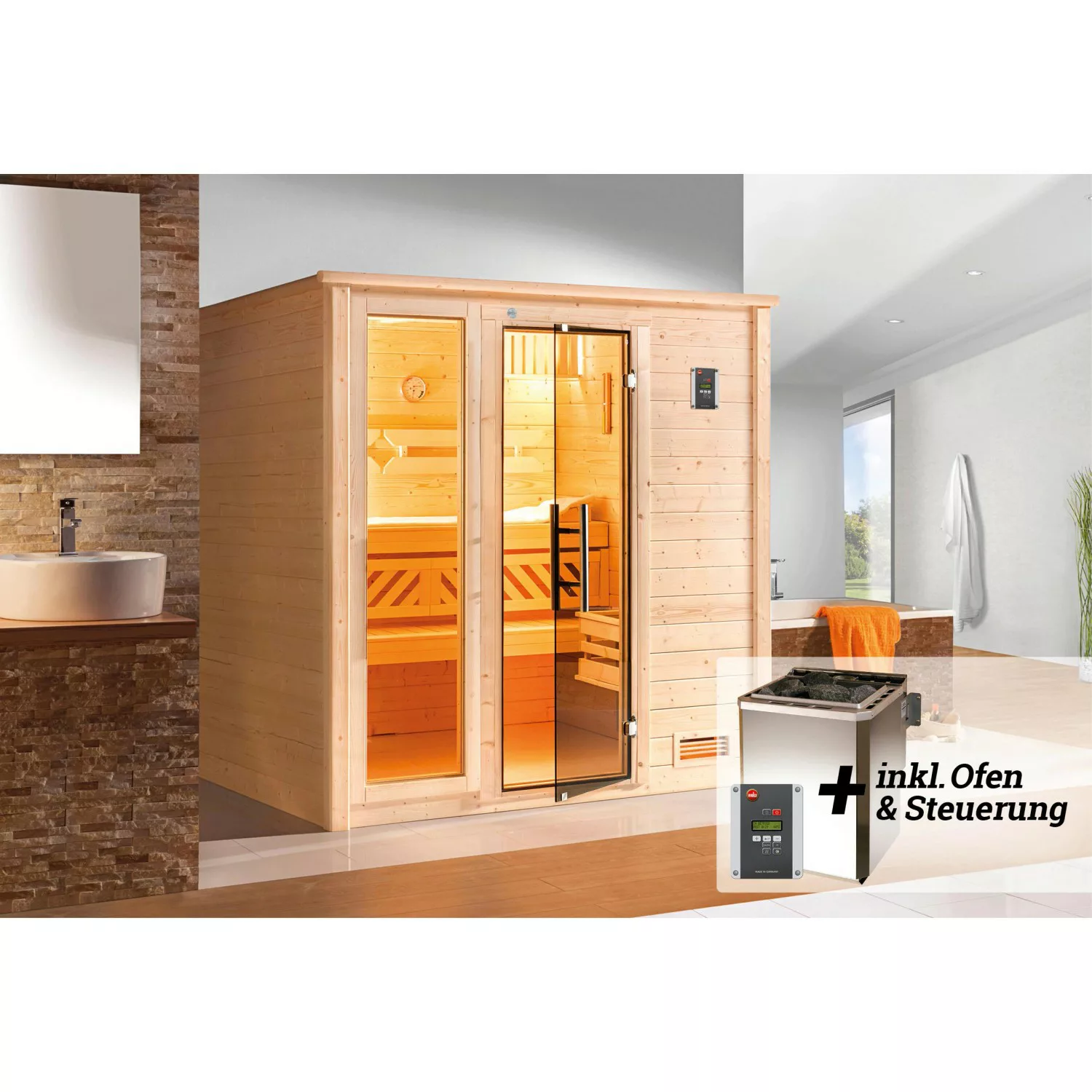 Weka Premium Massivholz-Sauna Bergen 1 Sparset 7,5 kW BioS digi. Steuerung günstig online kaufen
