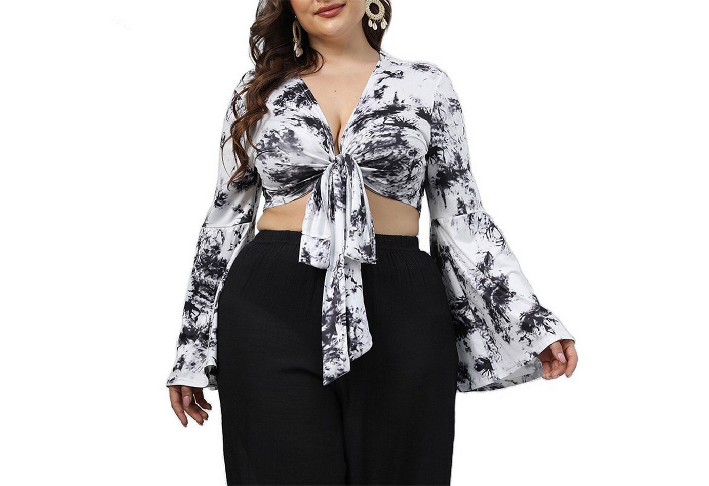 Zoclack Langarmshirt Bedrucktes Crop Top mit Trompetenärmeln, Langarmshirt, günstig online kaufen