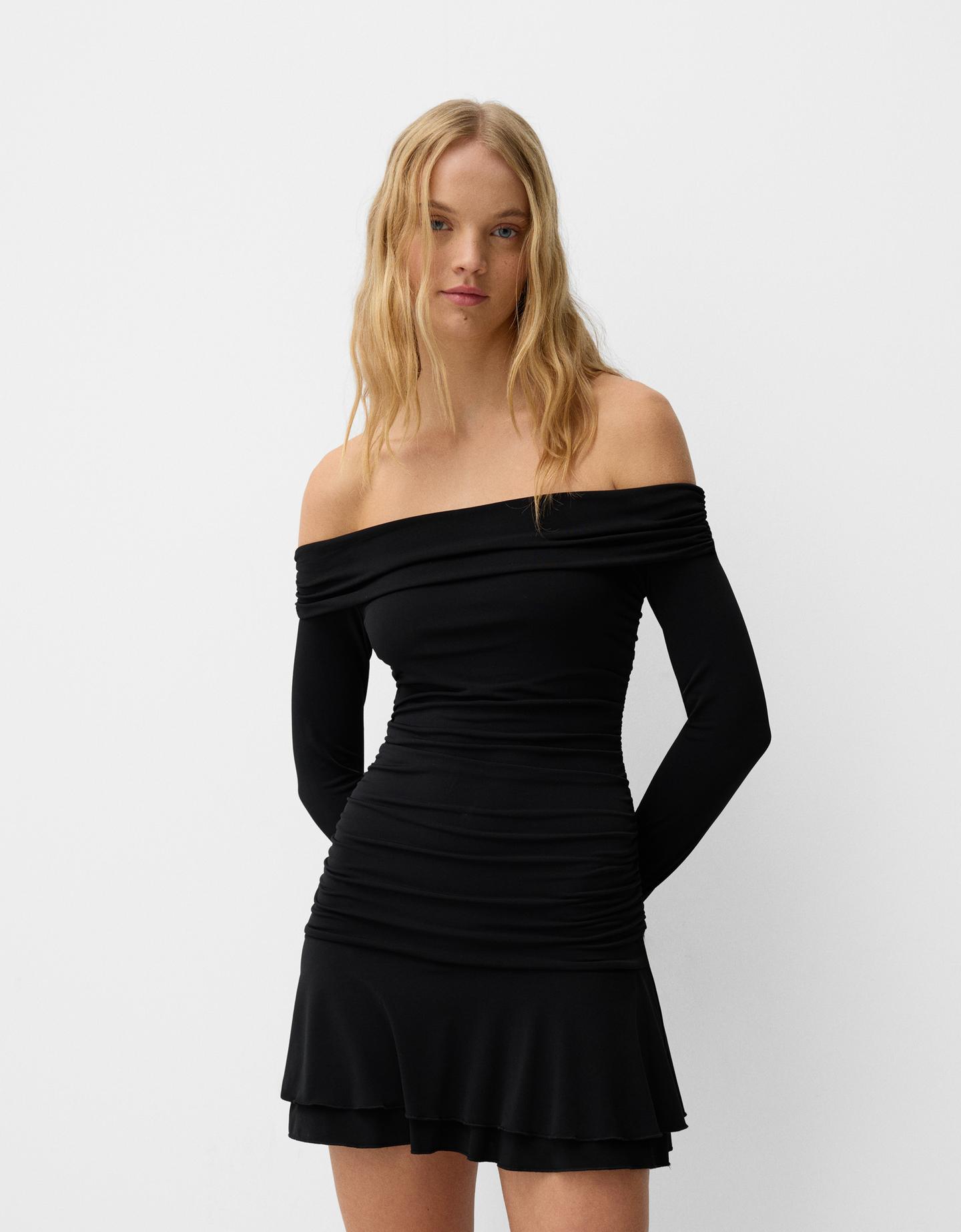 Bershka Minikleid Mit Langen Ärmeln Und Volants Damen M Schwarz günstig online kaufen