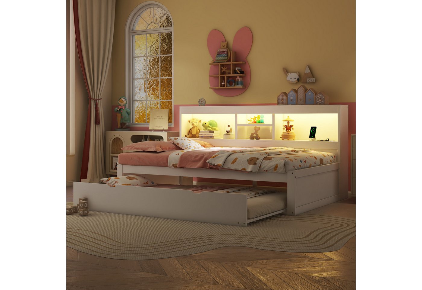 Flieks Kinderbett, LED Daybett Holzbett 90x200cm mit Ladefunktion & Auszieh günstig online kaufen