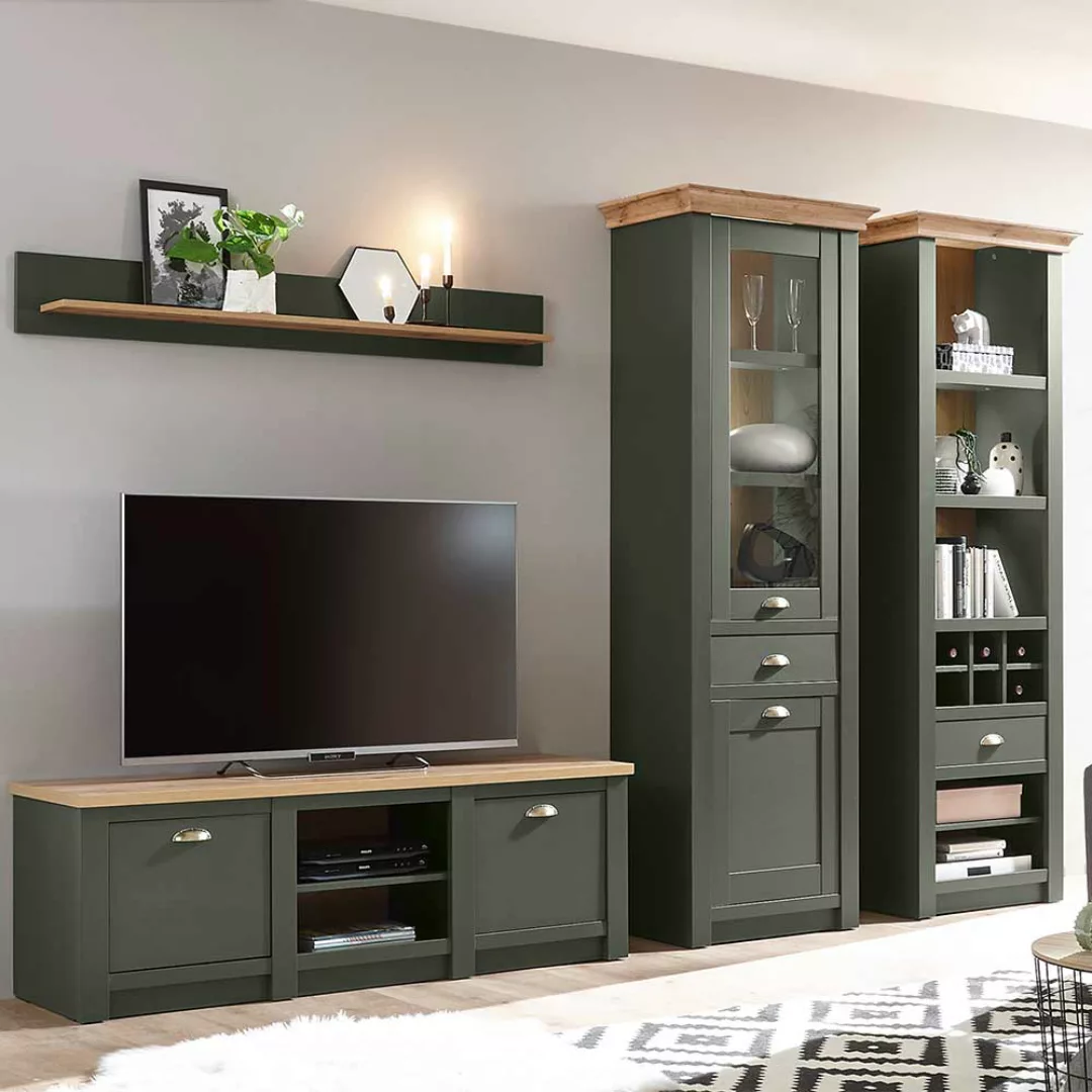 Wohnzimmer Anbauwand in Graugrün und Wildeiche Optik Landhausstil (vierteil günstig online kaufen