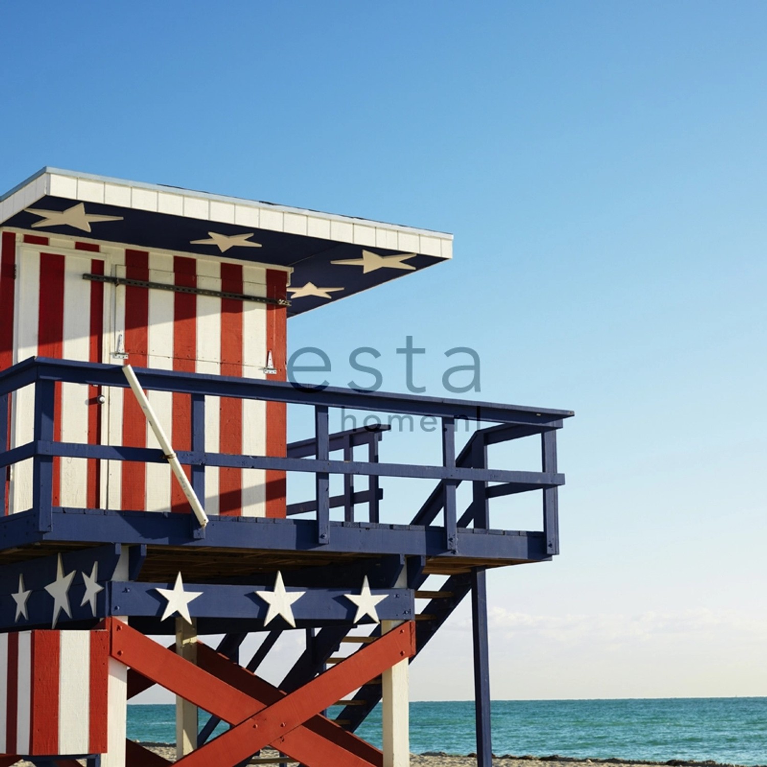 ESTAhome Fototapete Strandhaus-Motiv Rot Weiß und Blau 232,5 x 270 cm 15651 günstig online kaufen
