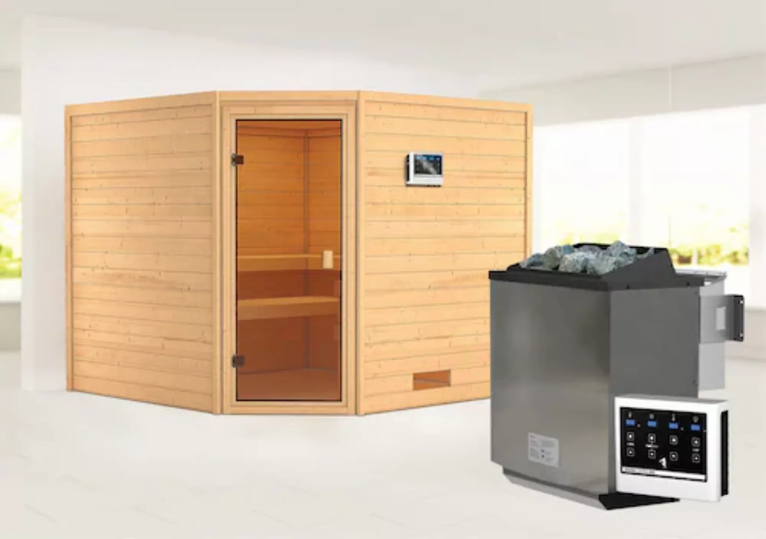 Karibu Sauna »"Leona" mit bronzierter Tür Ofen 9 kW Bio externe Strg modern günstig online kaufen