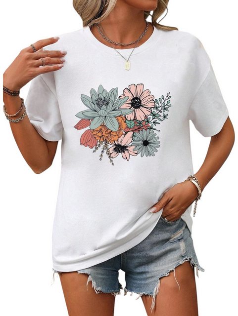 PYL T-Shirt Damen Sommer Casual T-Shirt mit Blumen Print Tee günstig online kaufen