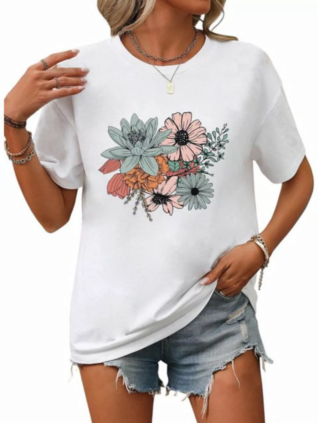 PYL T-Shirt Damen Sommer Casual T-Shirt mit Blumen Print Tee günstig online kaufen