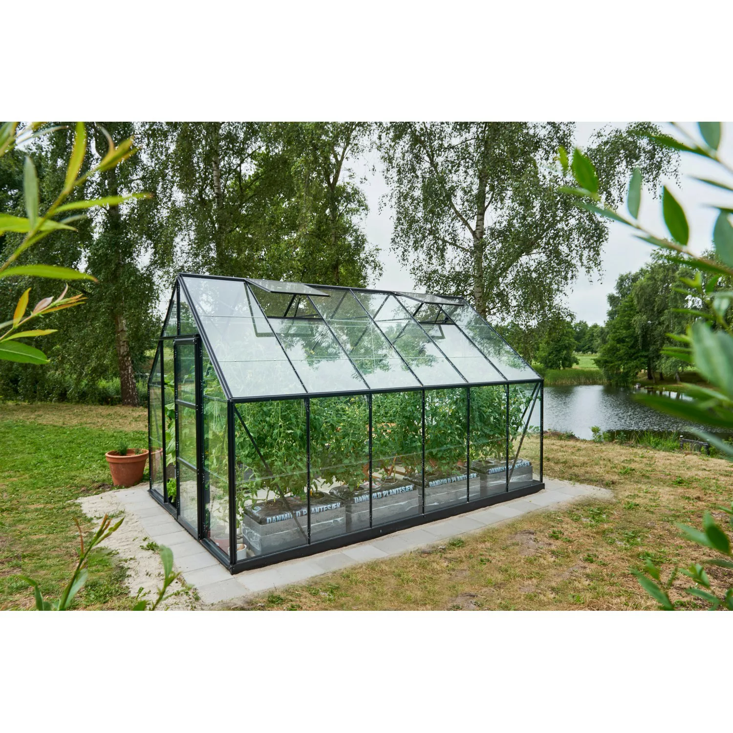 Halls Gewächshaus Universal 128 mit 3 mm Blankglas Schwarz 9,9 m² günstig online kaufen