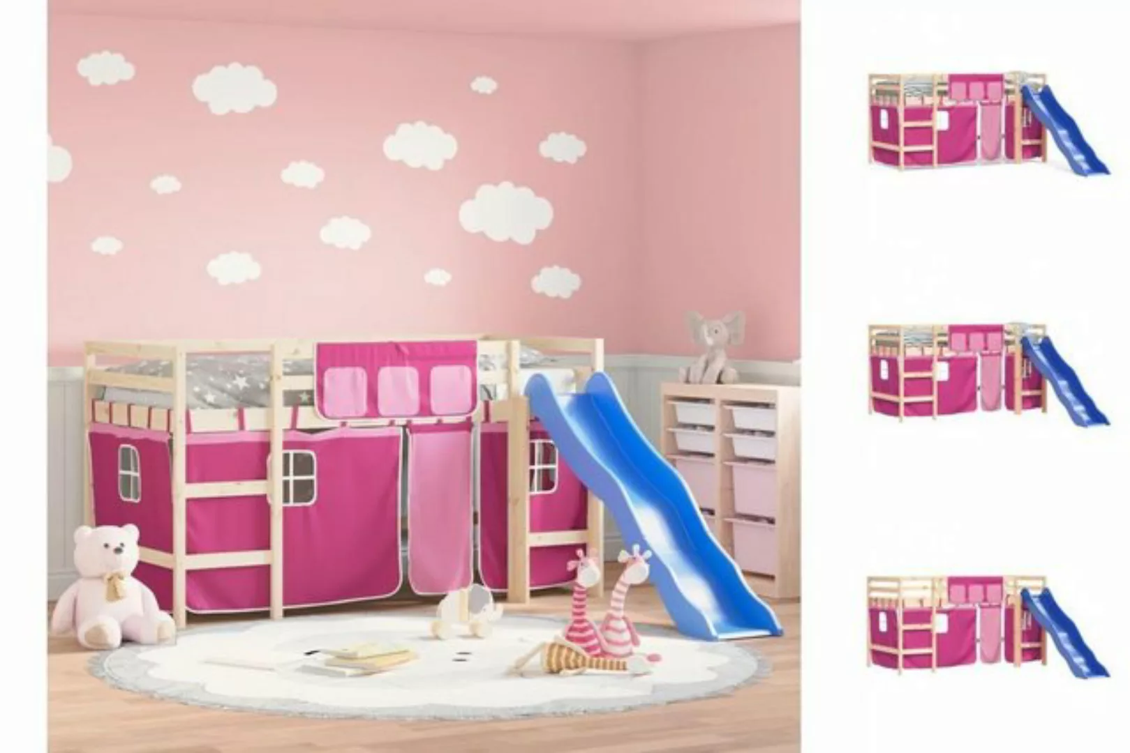 vidaXL Kinderbett Kinderhochbett mit Vorhängen Rosa 90x200 cm Massivholz Ki günstig online kaufen