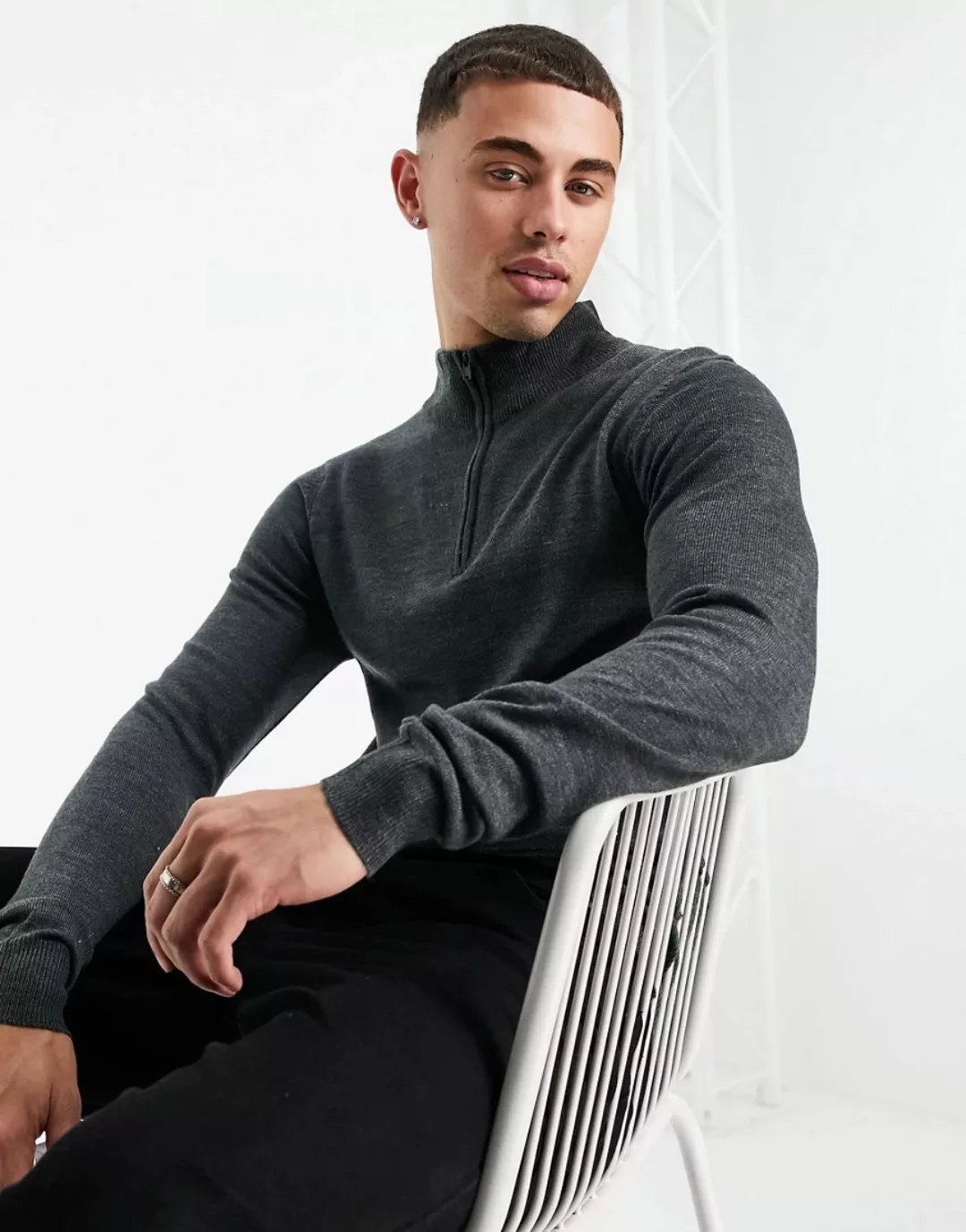 Threadbare – Weicher Pullover in Anthrazit mit Stehkragen und kurzem Reißve günstig online kaufen