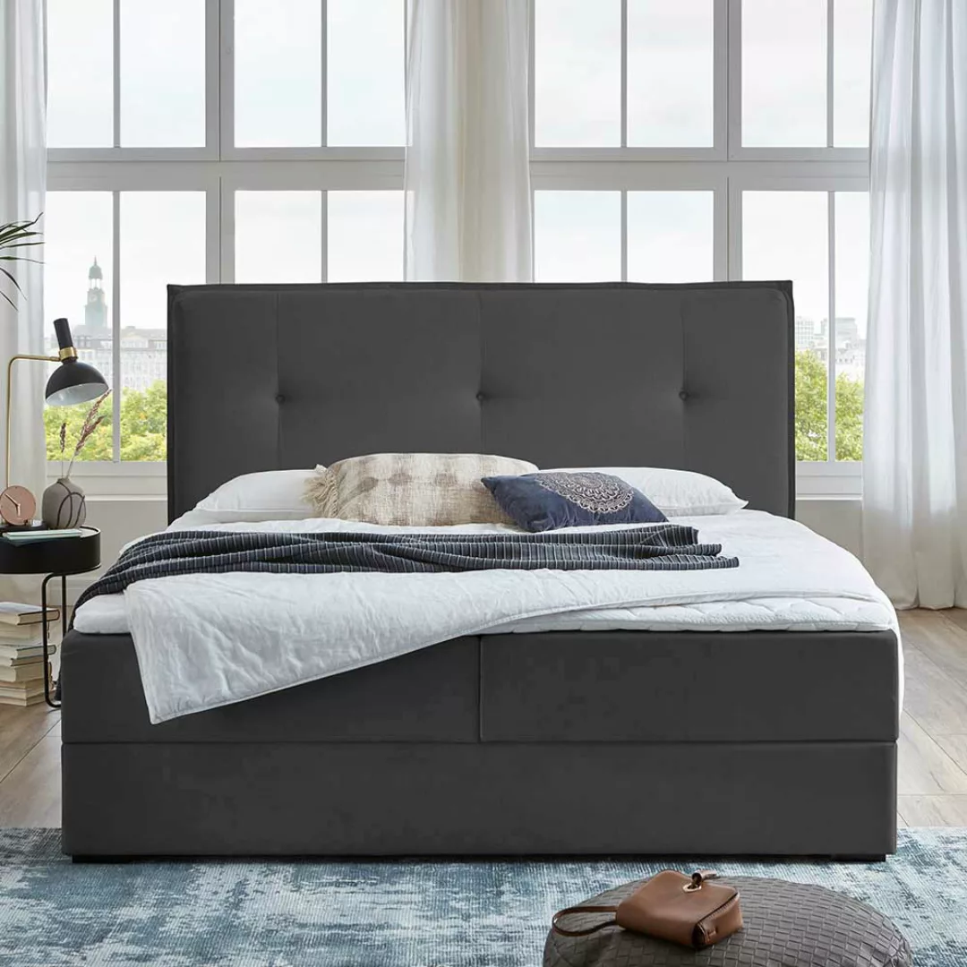 Stauraum Boxspringbett in Dunkelgrau Webstoff 124 cm hoch günstig online kaufen