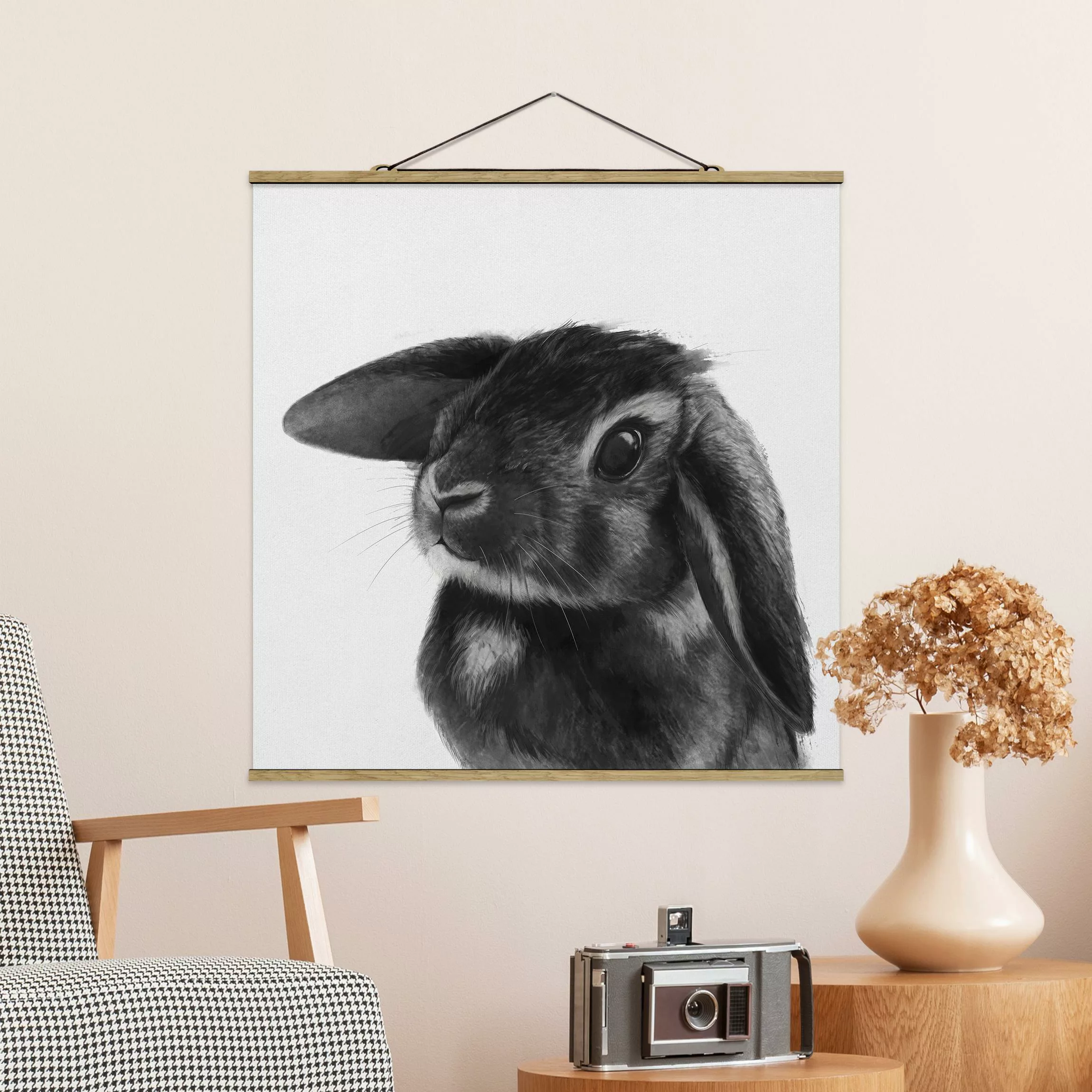 Stoffbild Tiere mit Posterleisten - Quadrat Illustration Hase Schwarz Weiß günstig online kaufen