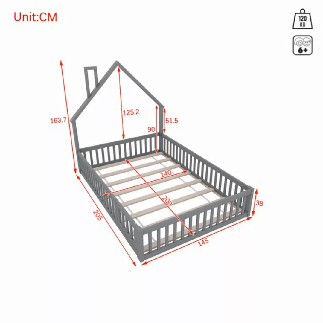 Flieks Kinderbett, Massivholzbett 140x200cm mit Schornsteinform und Lattenr günstig online kaufen