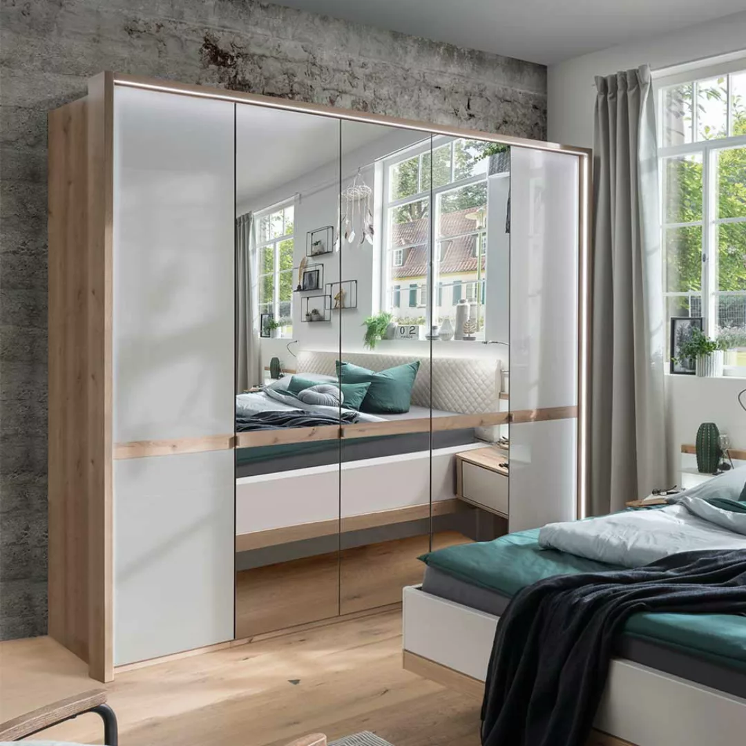 Schlafzimmerkleiderschrank in Beige und Eiche Bianco Spiegeltüren günstig online kaufen