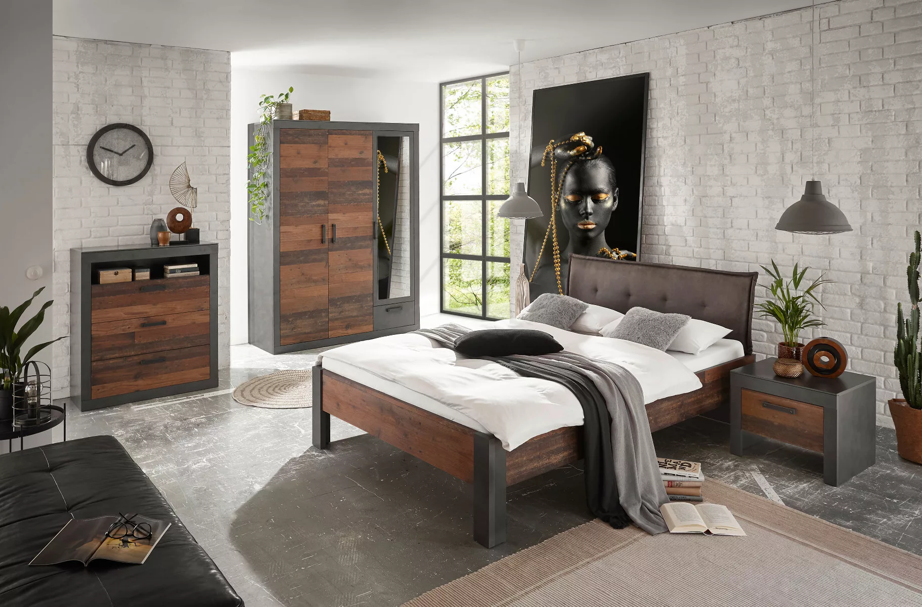 Schlafzimmer Set 4-teilg Bett 140x200 mit Polsterkopfteil used-look QUEENS günstig online kaufen