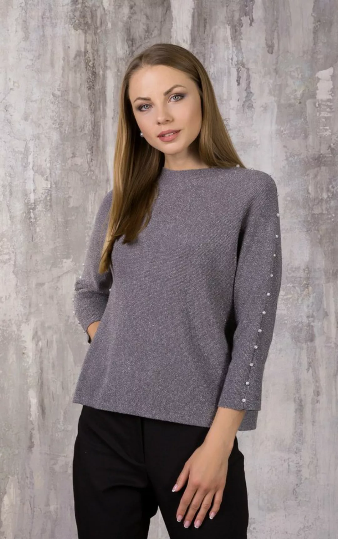 Passioni Strickpullover Pullover in Grau mit glitzerndem Metallicgarn und P günstig online kaufen