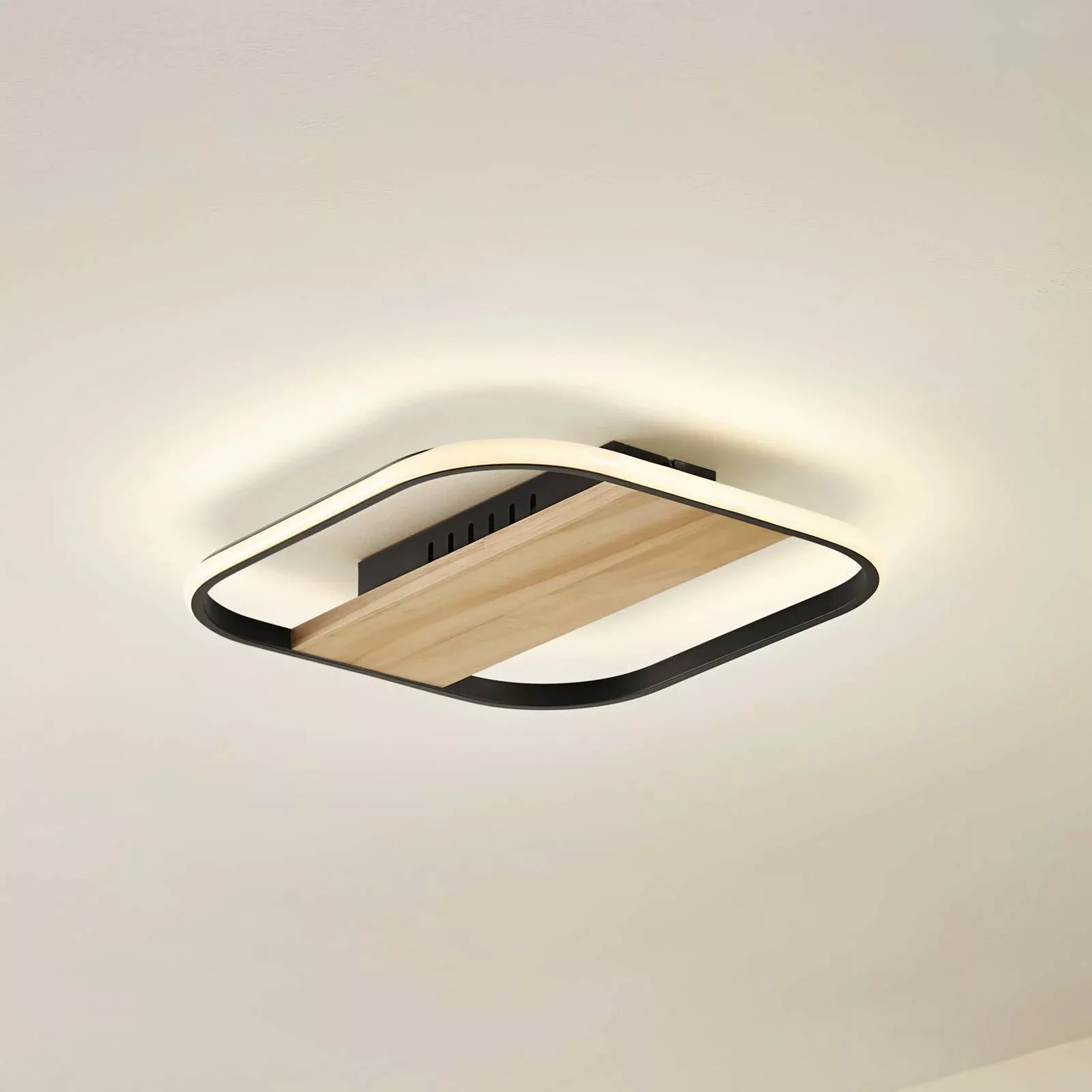 Lindby LED-Deckenleuchte Romilda, grau, Holz, 37 cm breit günstig online kaufen