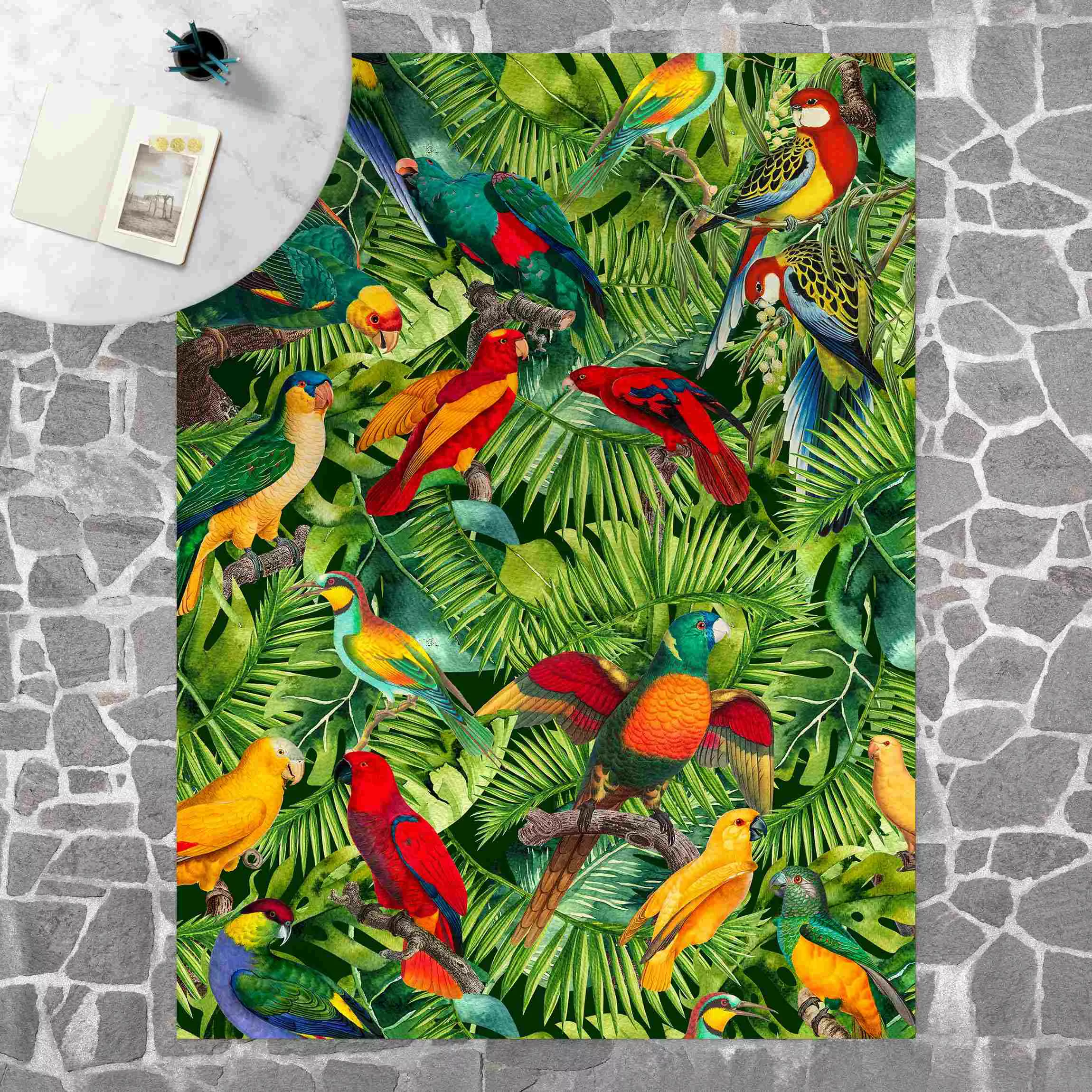 Vinyl-Teppich Bunte Collage - Papageien im Dschungel günstig online kaufen