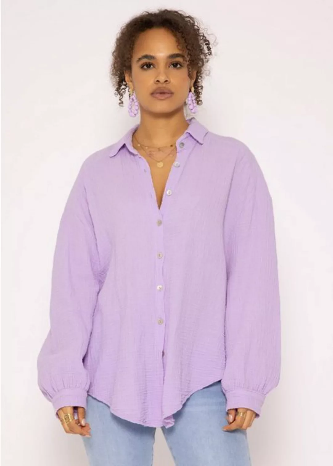 SASSYCLASSY Longbluse Oversize Musselin Bluse Damen kurz Langarm Elegant He günstig online kaufen