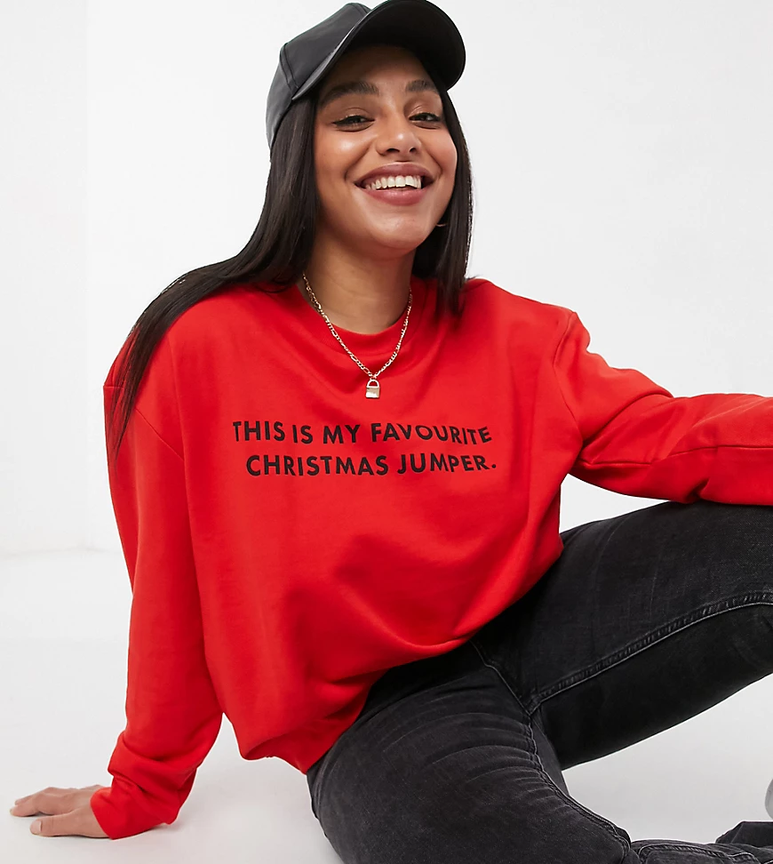 ASOS DESIGN Curve – Weihnachts-Sweatshirt in Rot mit „Favourite Jumper”-Pri günstig online kaufen