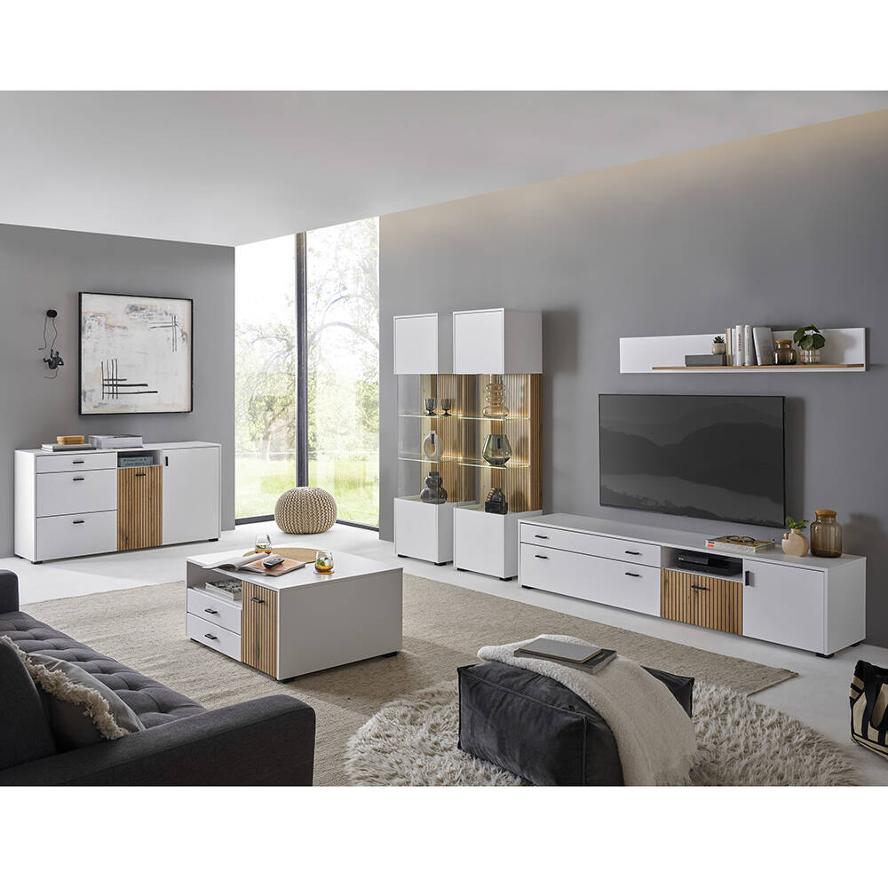 Wohnzimmer Set 6-teilig mit Beleuchtung weiß matt Eiche gerillt HUNTER-61 günstig online kaufen