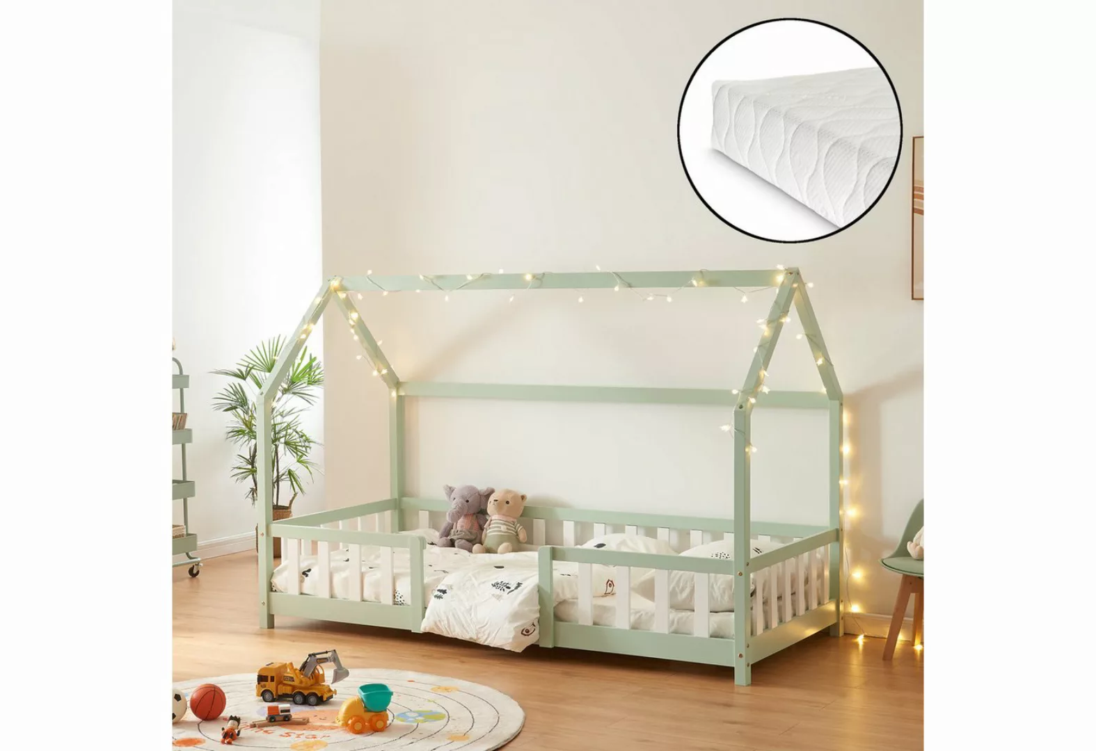 en.casa Kinderbett, »Sisimiut« Hausbett mit Matratze 90 x 200 cm Mint / Wei günstig online kaufen