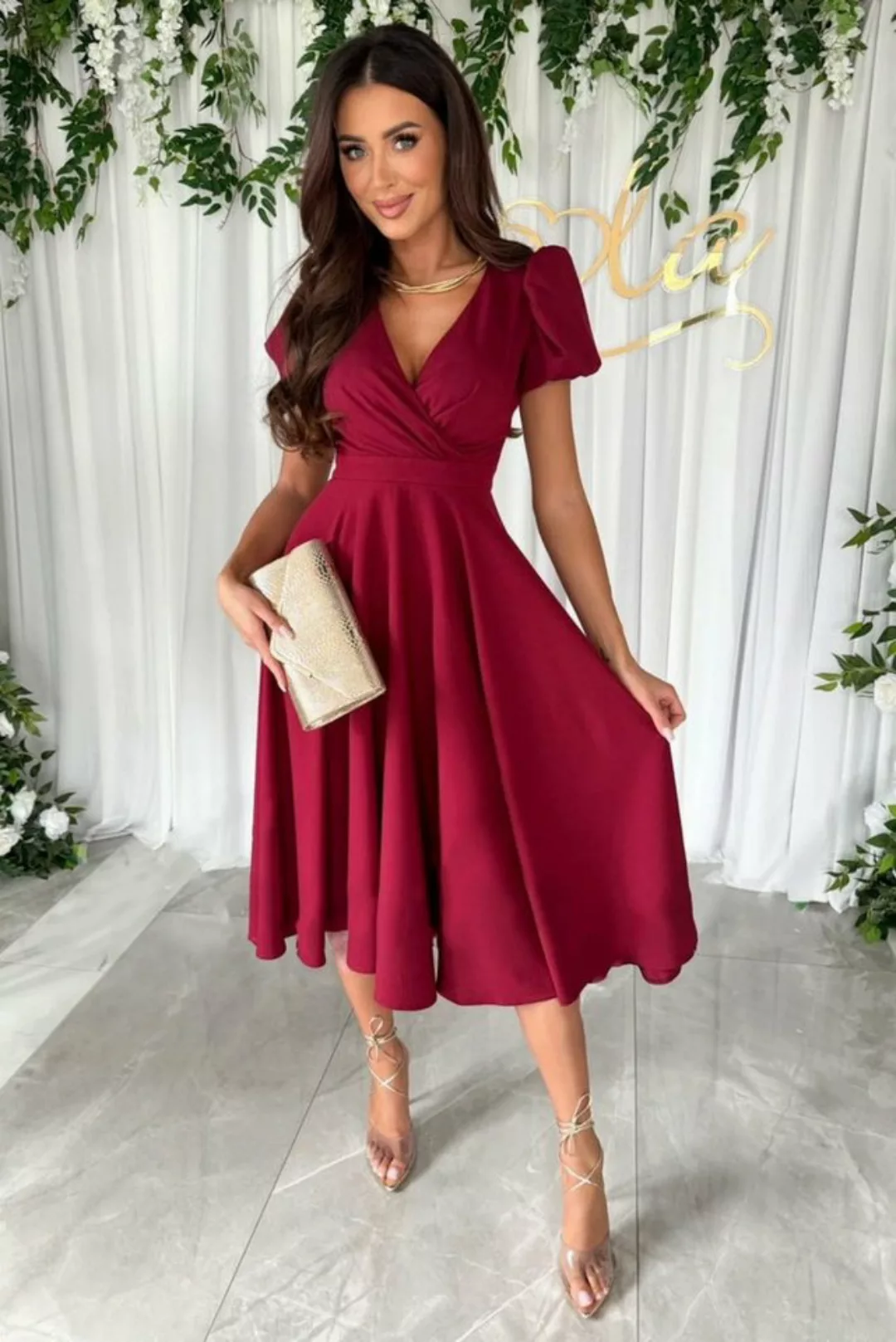 jalleria Dirndl Einfarbiges weites Swing-Kleid mit V-Ausschnitt und Puffärm günstig online kaufen