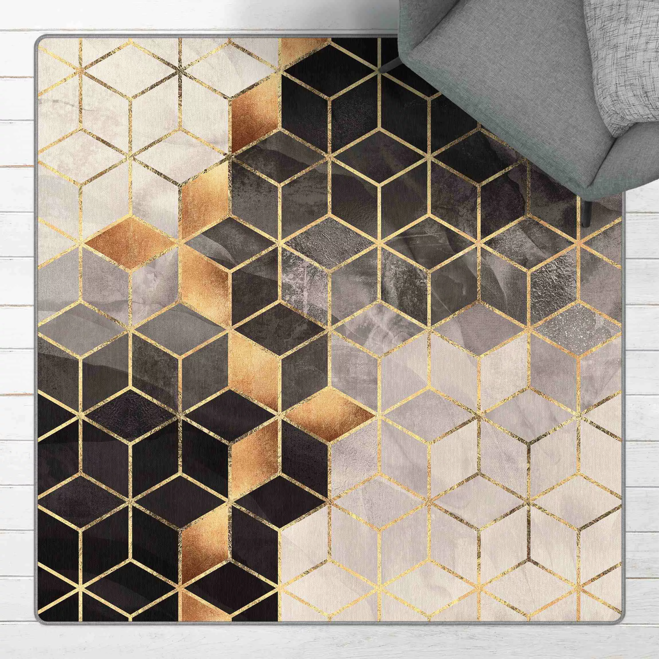 Teppich Schwarz Weiß goldene Geometrie günstig online kaufen