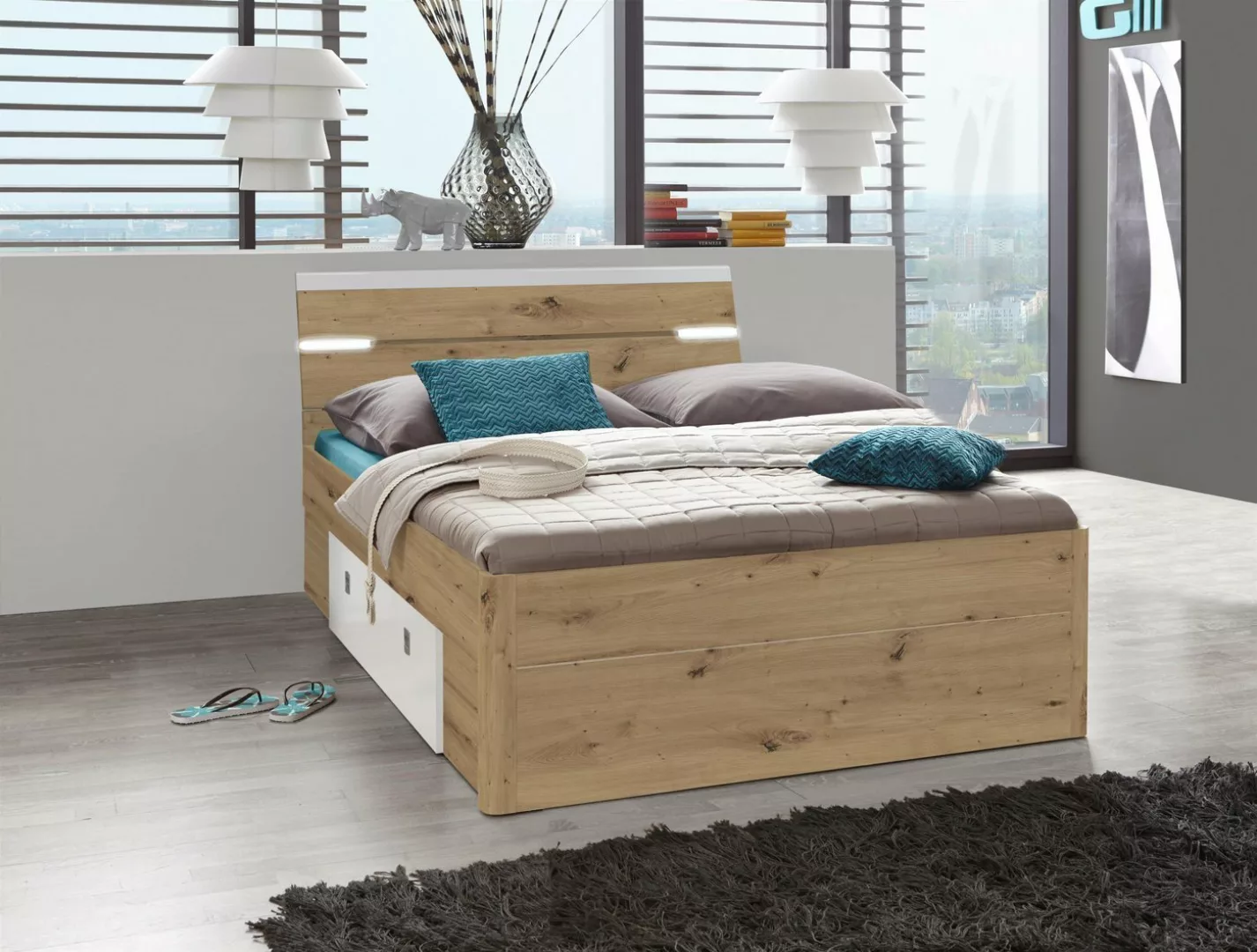 möbelando Bett Isobel, Modernes Bett aus Spanplatte in Artisan Eiche Nachbi günstig online kaufen