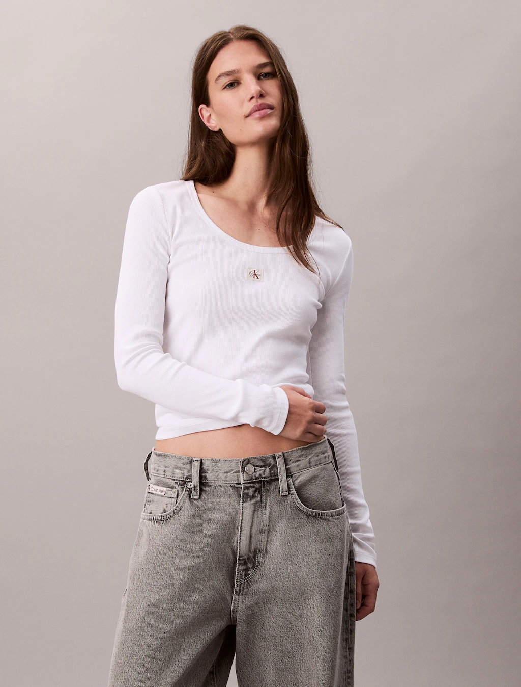 Calvin Klein Jeans Langarmshirt "LS WOVEN LABEL 2X2 RIB SCOOP NEC", Mit Run günstig online kaufen