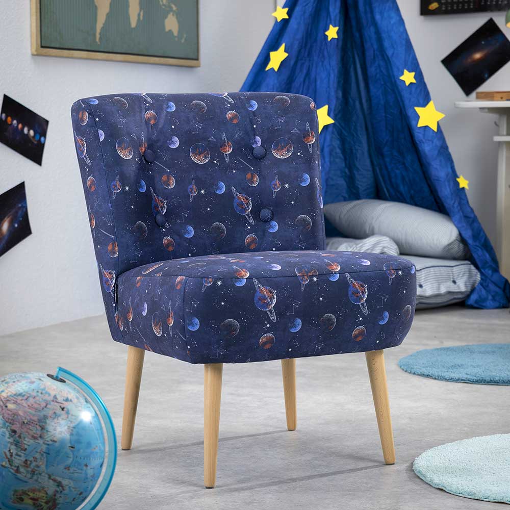 Kinder Sessel mit Planeten Weltraum Motiv Blau Flachgewebe günstig online kaufen