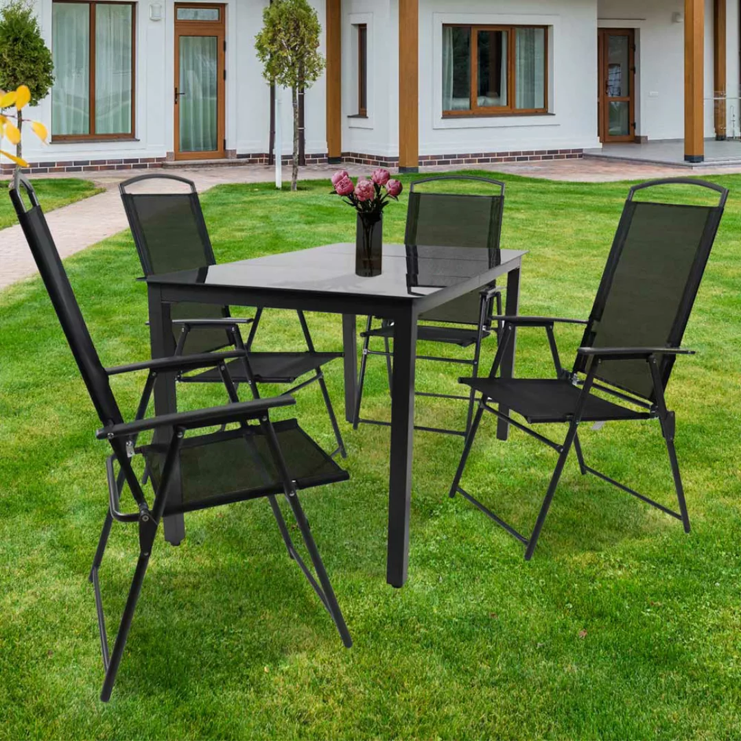 Gartenmöbelset Gartentischgruppe klappbar aus Glas und Metall (fünfteilig) günstig online kaufen