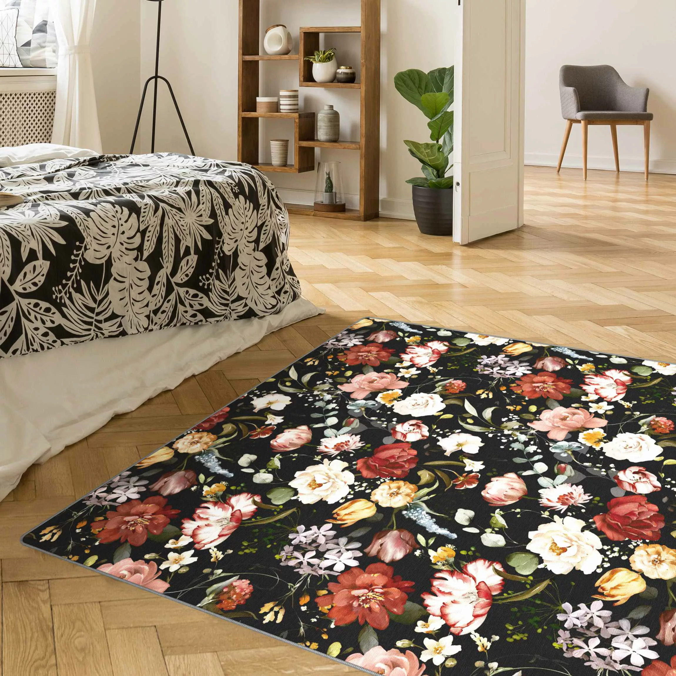 Teppich Blumen Aquarell Vintage Muster auf Schwarz günstig online kaufen