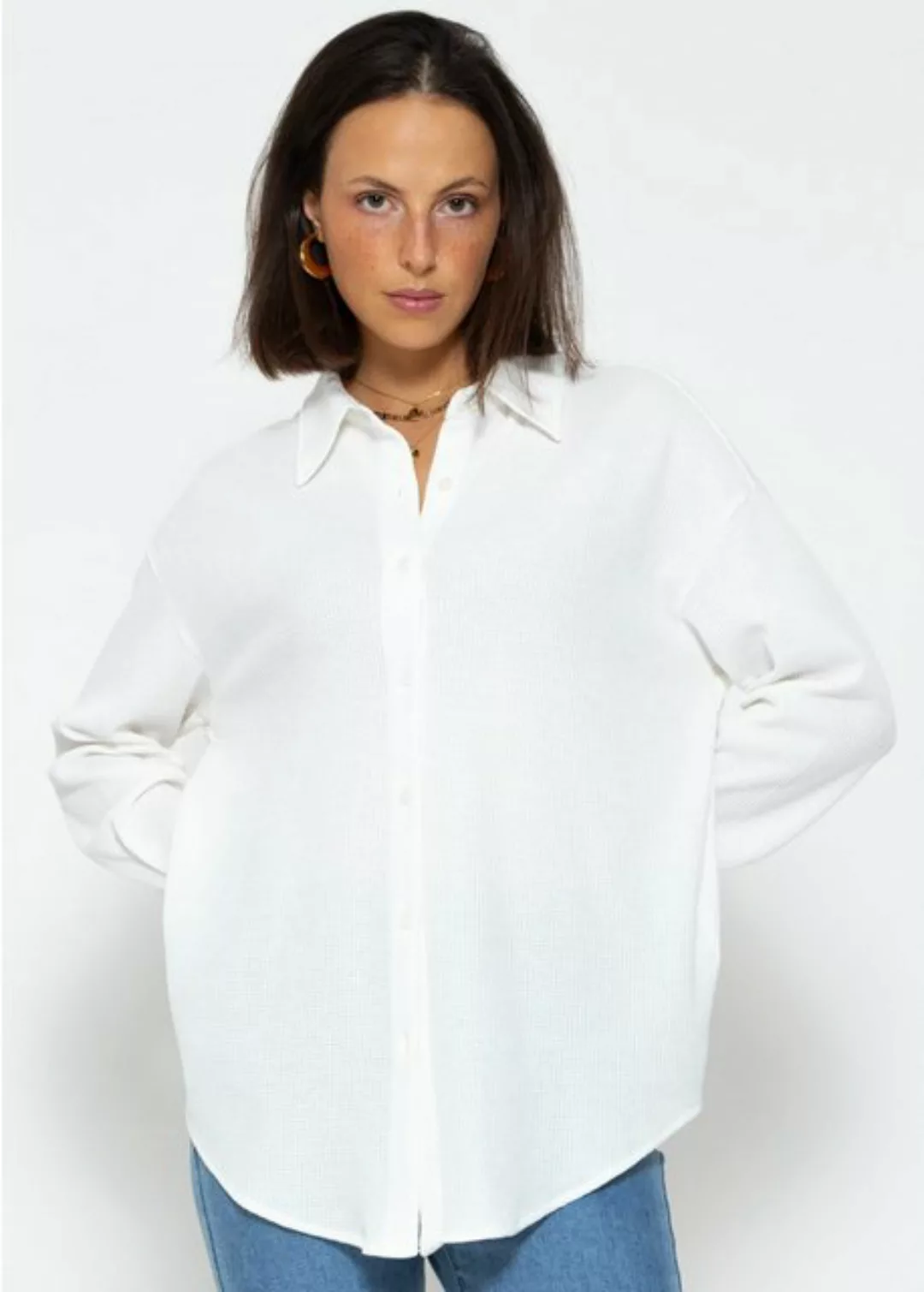 SASSYCLASSY Longbluse Oversize Waffelpiqué Bluse Hemdbluse in Waffelpiqué O günstig online kaufen