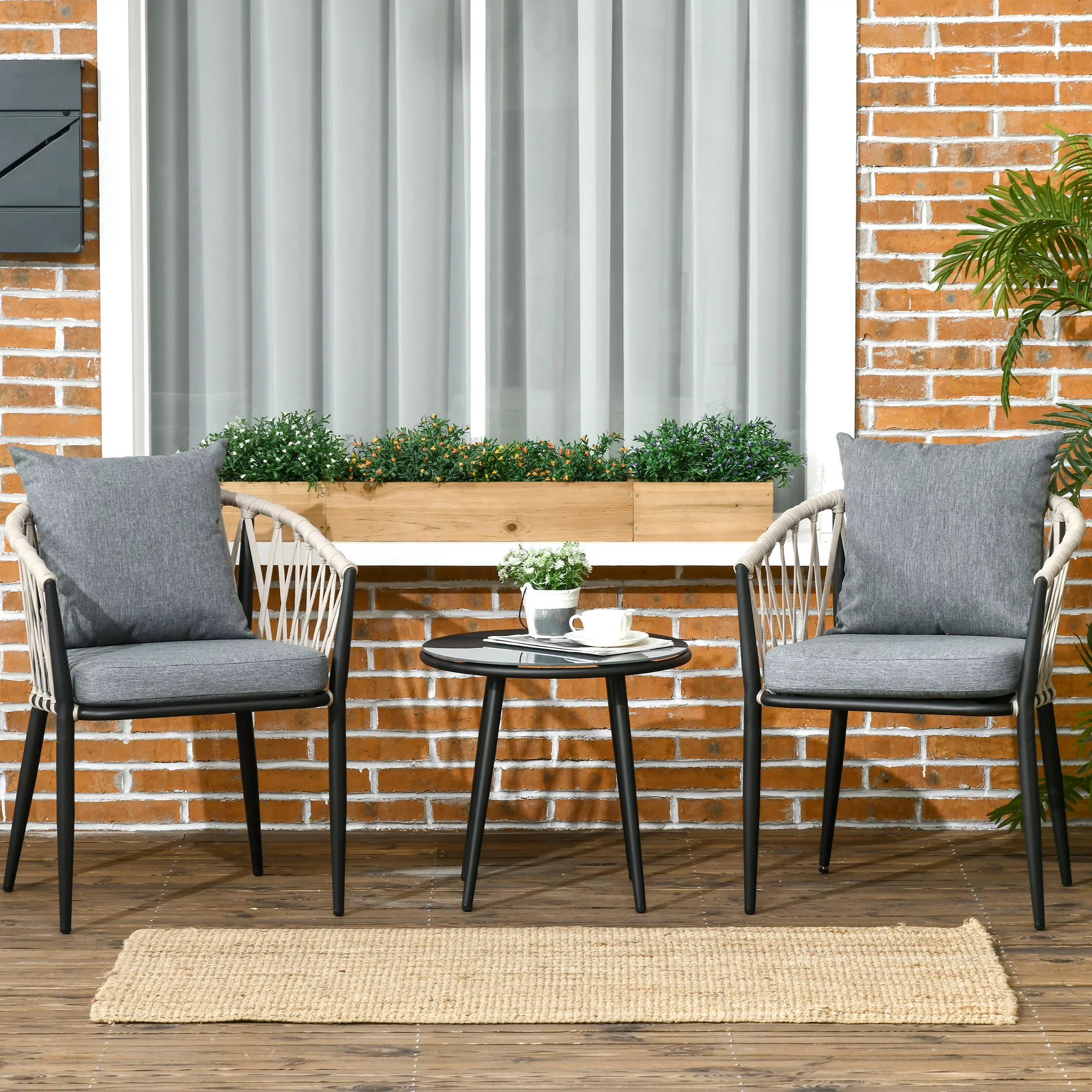 Tisch, 2 Stühle mit Sitzkissen, Balkon-Set, Stahl, Grau  Aosom.de günstig online kaufen
