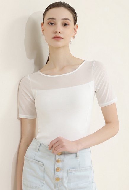 CHENIN Kurzarmhemd Damen Unifarbenes Mesh Patchwork Top Kurzarm-T-Shirt mit günstig online kaufen