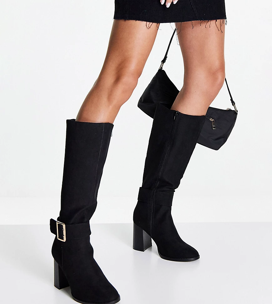 ASOS DESIGN – Wide Fit – Charlotte – Kniehohe Stiefel in Schwarz mit Absatz günstig online kaufen