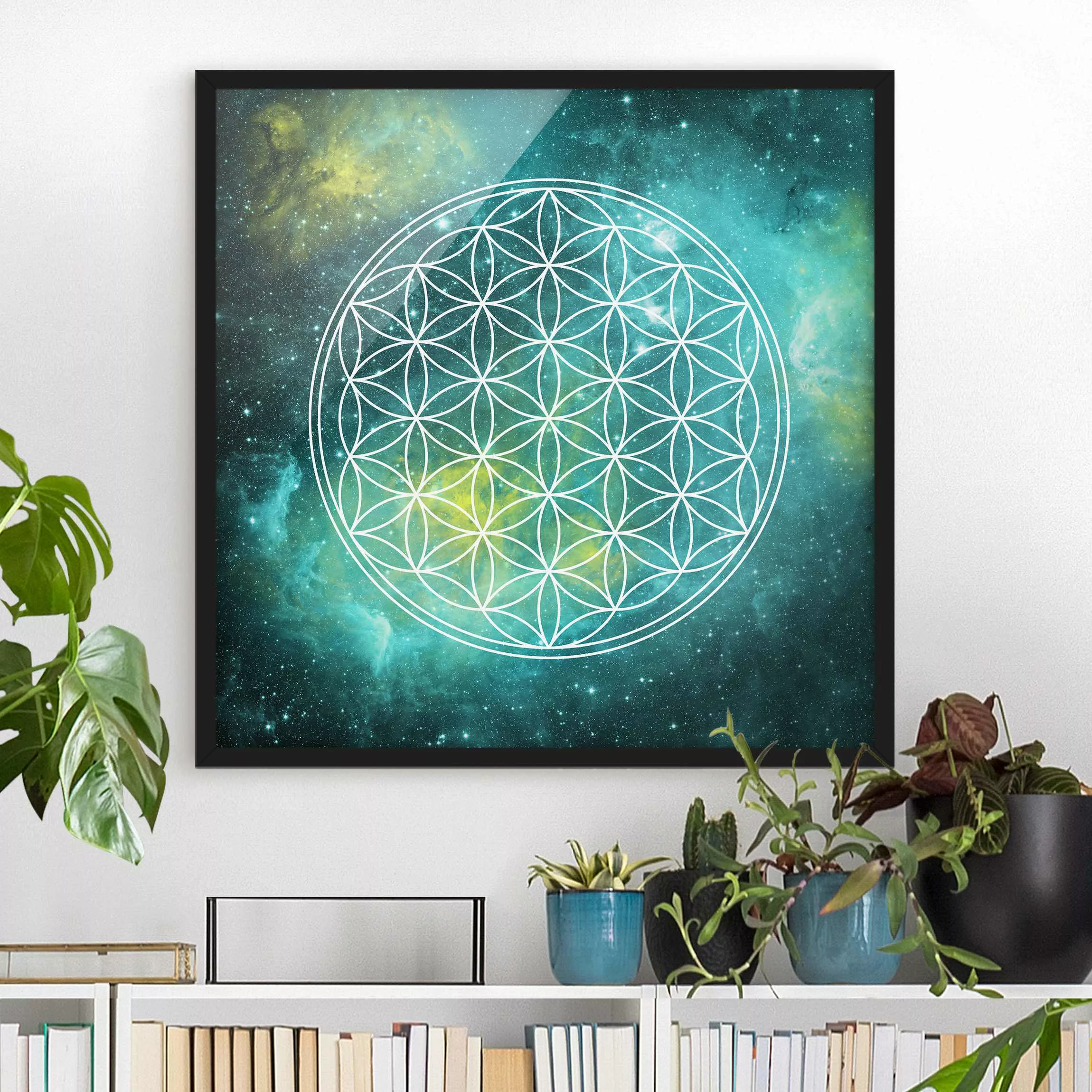 Bild mit Rahmen Blumen - Quadrat Blume des Lebens im Licht der Sterne günstig online kaufen