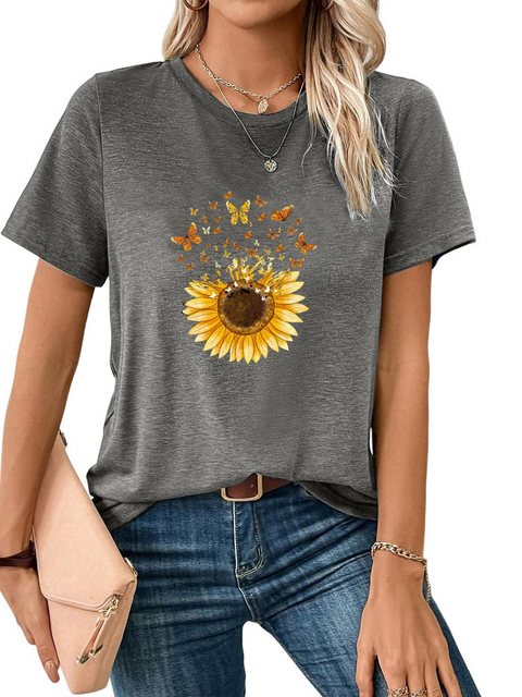 PYL Kurzarmshirt Damen Sommer Kurzarmbluse Locker Sonnenblume Print-Shirt günstig online kaufen