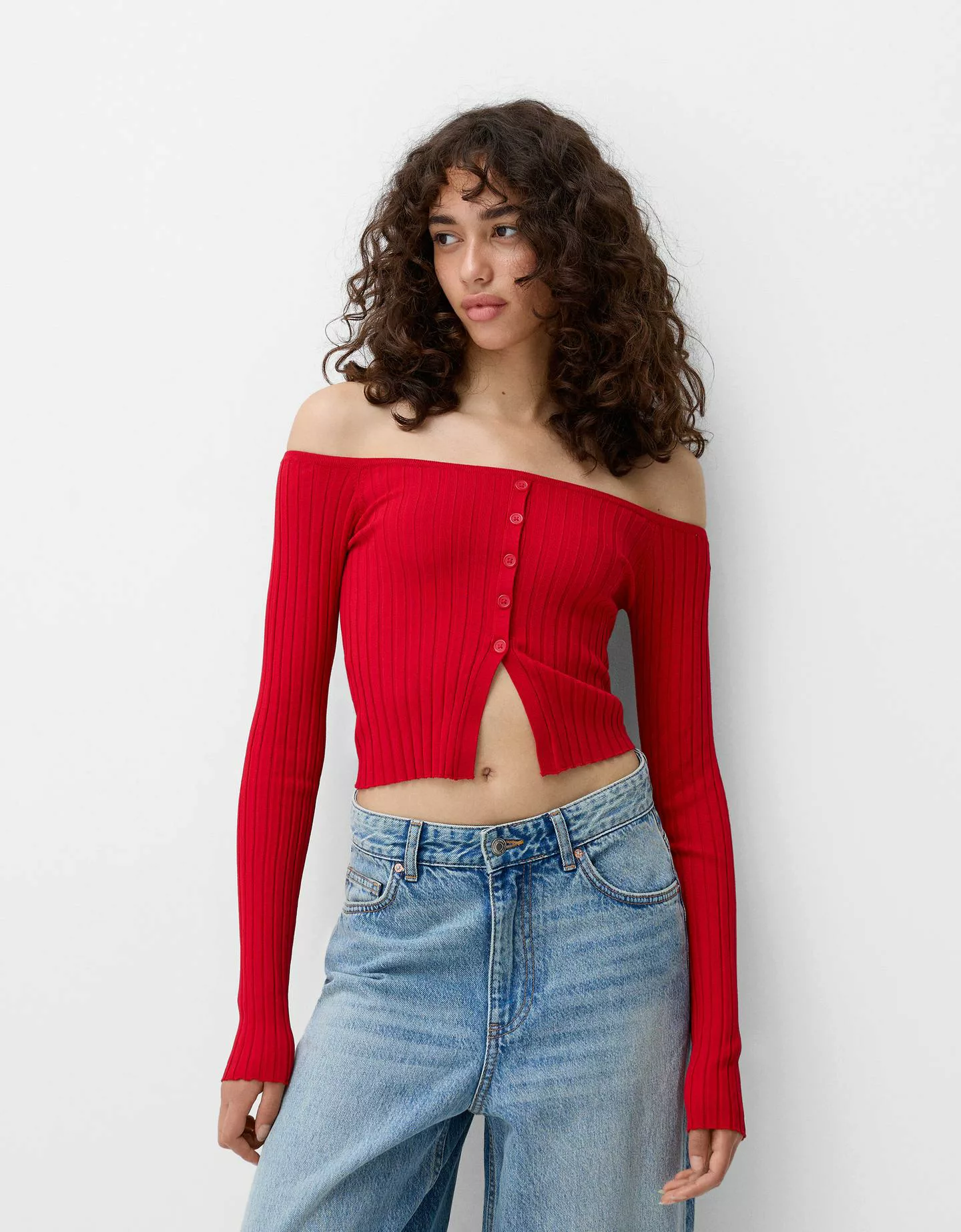 Bershka Offener Pullover Mit Carmen-Ausschnitt Und Knöpfen Damen M Rot günstig online kaufen