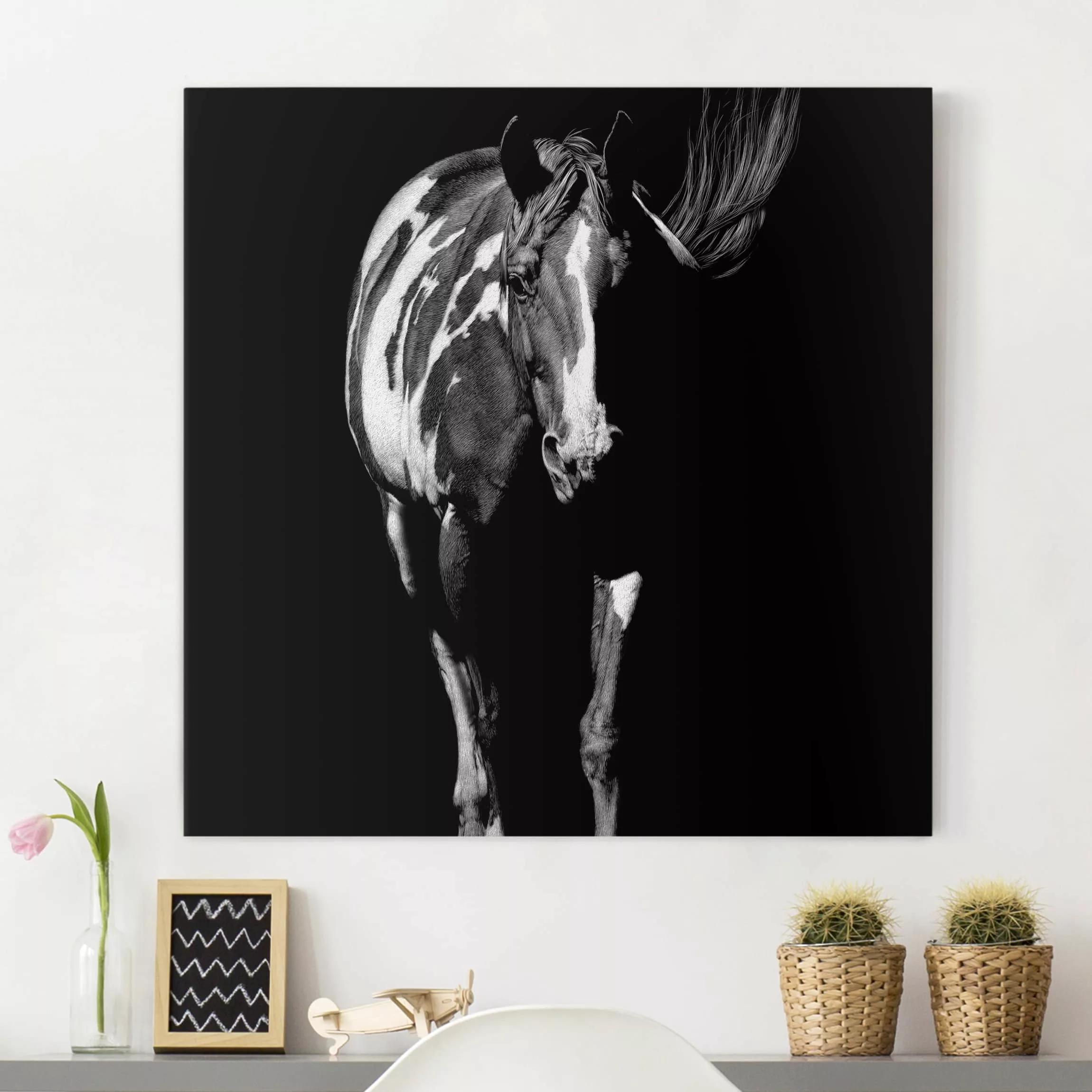 Leinwandbild Schwarz-Weiß - Quadrat Pferd vor Schwarz günstig online kaufen