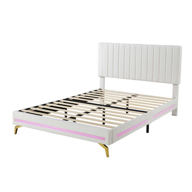 Rutaqian Polsterbett Doppelbett 140 x 200 cm Bettgestell Holzbett mit LED, günstig online kaufen