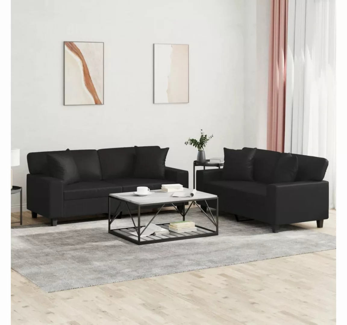 vidaXL Sofa Sofagarnitur Set mit Kissen Kunstleder, 2-tlg., Schwarz günstig online kaufen