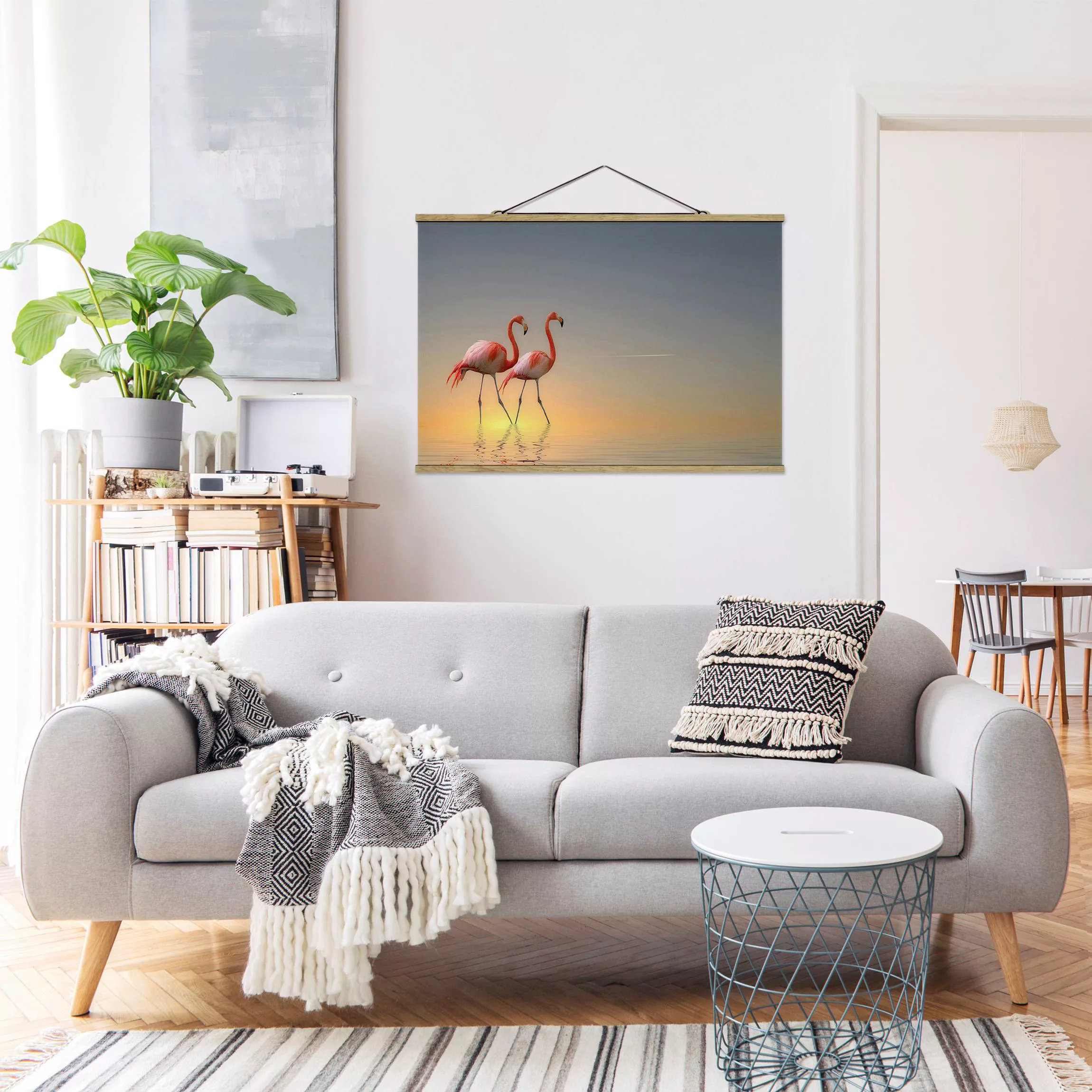 Stoffbild Tiere mit Posterleisten - Querformat Flamingo Love günstig online kaufen