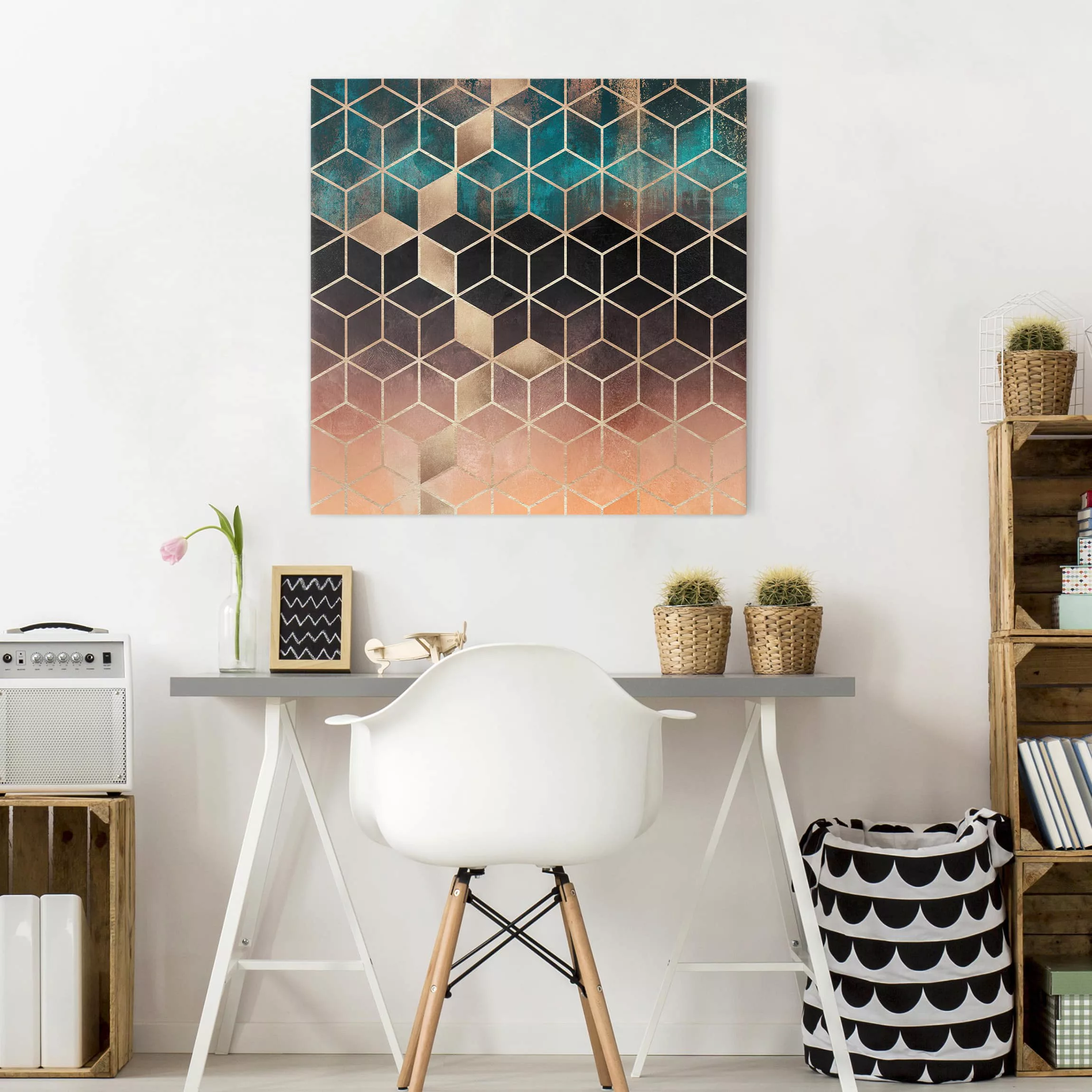 Leinwandbild Abstrakt - Quadrat Türkis Rosé goldene Geometrie günstig online kaufen