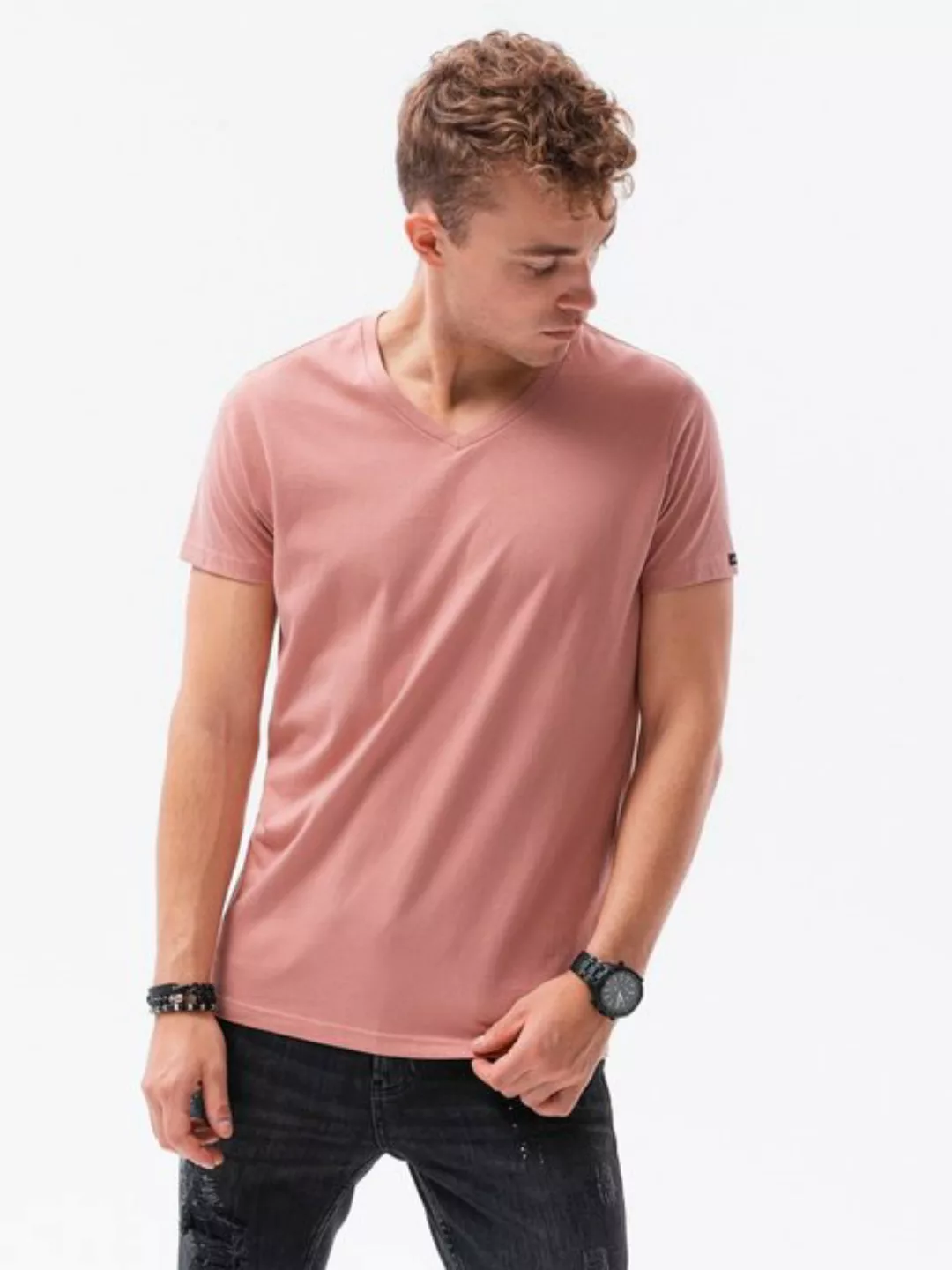 OMBRE T-Shirt Herren-T-Shirt BASIC mit V-Ausschnitt - rosa V7 S1369 XXL günstig online kaufen