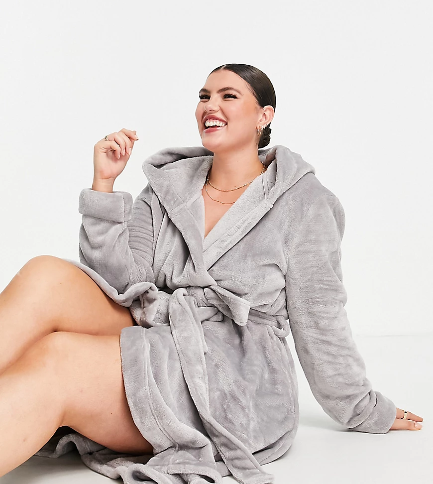 ASOS DESIGN Curve – Superweicher Midi-Bademantel aus Fleece in Grau günstig online kaufen