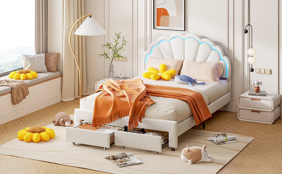 Furnishings Home Polsterbett Weißes Samtbett mit Schubladen + LED-Licht (Se günstig online kaufen