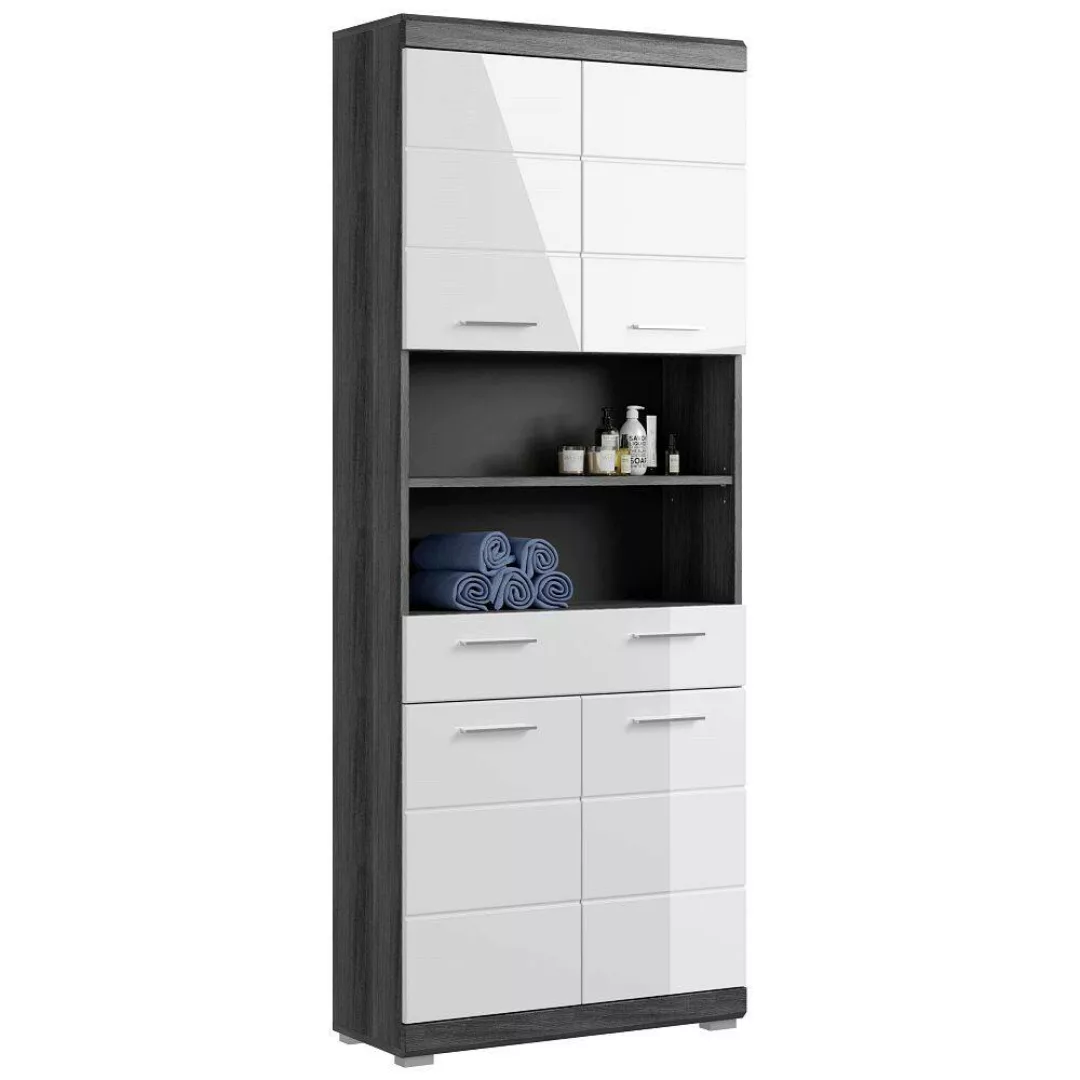 Badezimmer Hochschrank ca. 74 cm breit modern in Hochglanz weiß mit grau SI günstig online kaufen